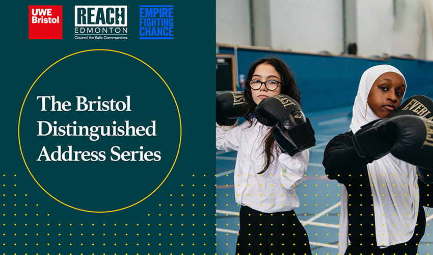 A graphic advertising an event which includes the text Bristol Distinguished Address Series and two young women in school clothes with boxing gloves on